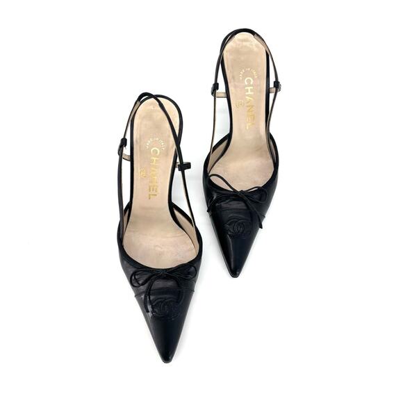 Vintage Chanel CC Logo Bow Black Leather Slingback Pointed Toe Pumps 38.5EU - Picture 4 of 8